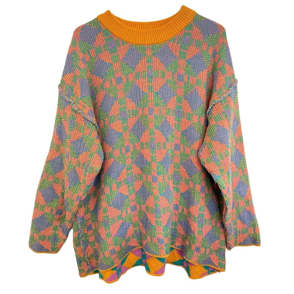 80s Retro Style Double Sided Colorful Statement Chunky Knit Sweater XL Oversized